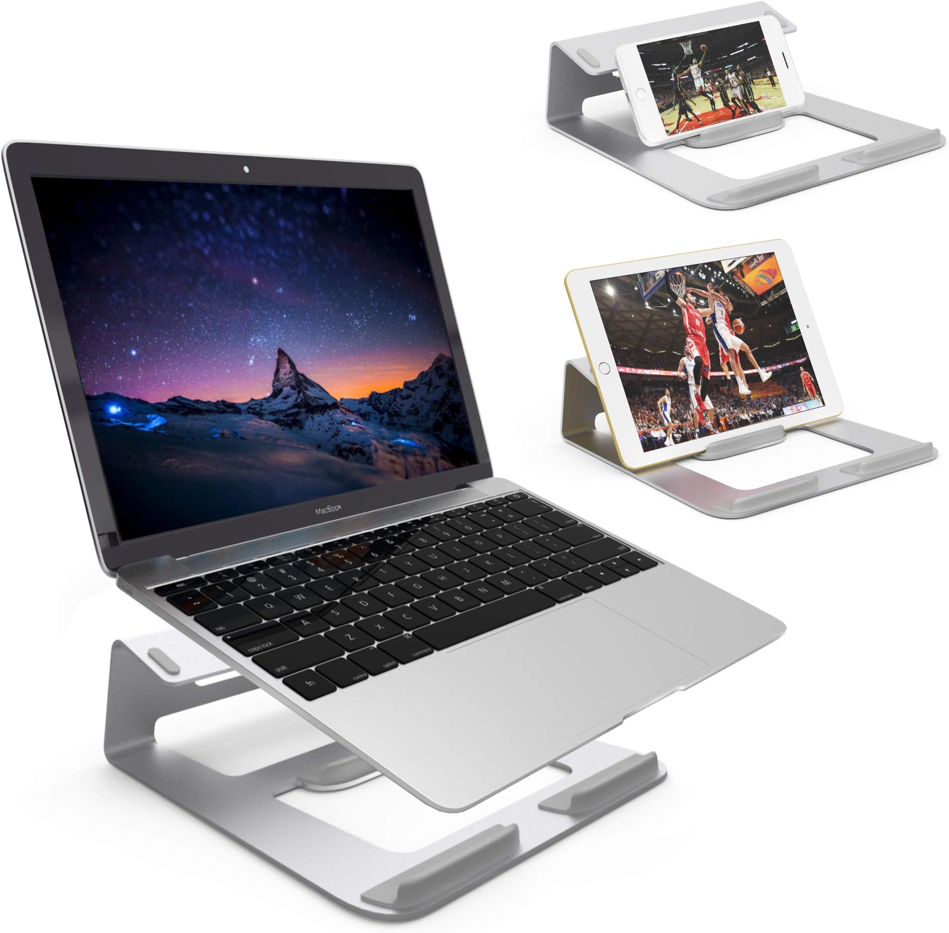 Dobee Laptop Stand Aluminum Cooling Macbook Stand Portable Ergonomic Tilted Elevated Laptop Riser 3 in 1 Ventilated Holder with Non-Slip Pads and Front Lip for Notebook/Ipad/Phone-Sliver(Patented)