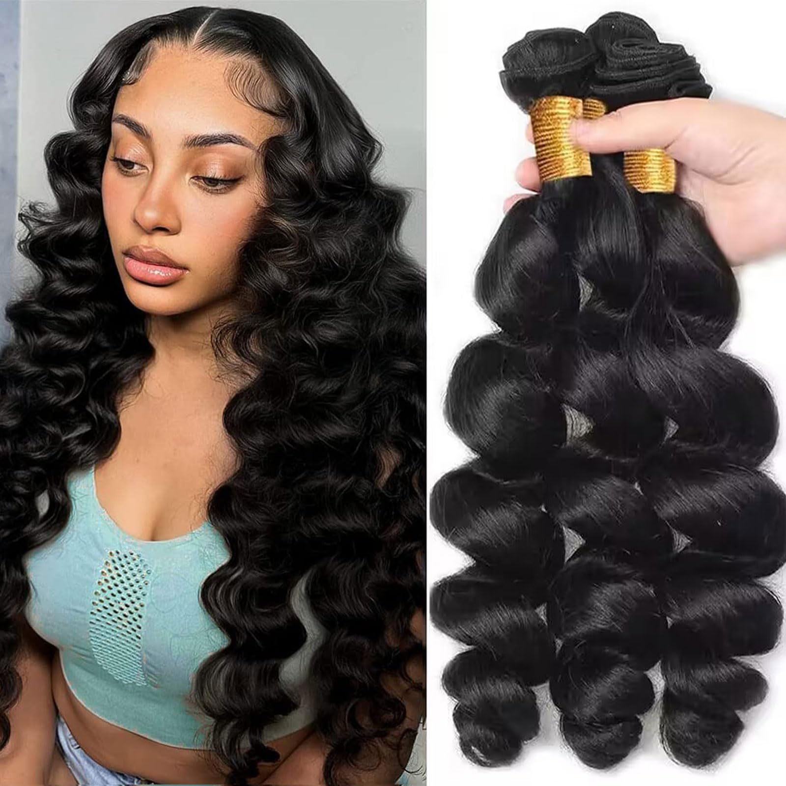 Huarisi Loose Wave 3 Bundles (22 24 26 Inch), Brazilian Human Hair Loose Wave Weaves, 8a Unprocessed Brazilian Virgin Hair, Loose Deep Wave Hair Bundles, Natural Color Wavy Hair Extensions — image 1