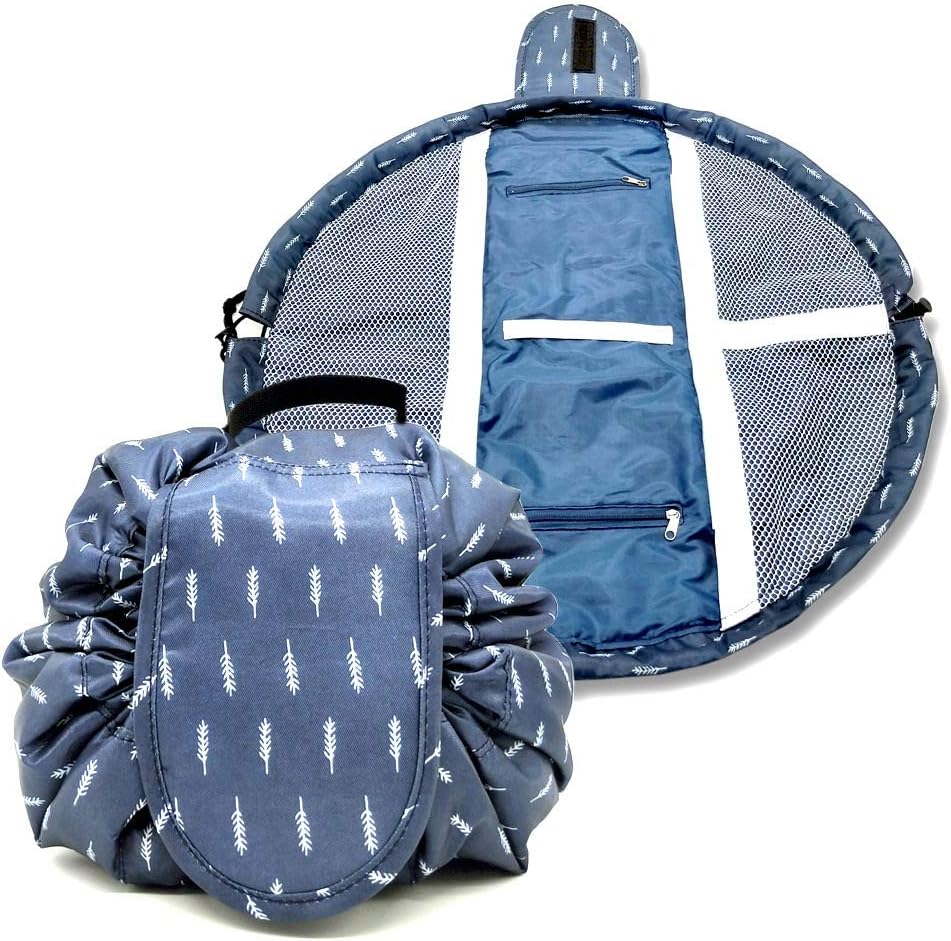 Multifunction Travel Makeup Bag Waterproof Cosmetic Organizer Drawstring Makeup Storage Bag Women Portable Toiletry Bags (Blue Feather)