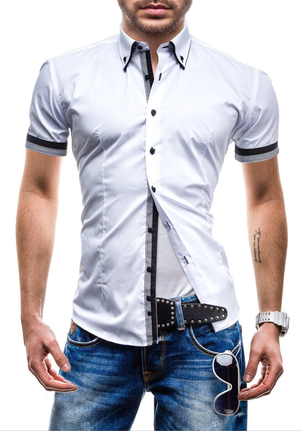 Mens Designer Shirt Double Collar Button Down Slim Fit Casual Shirt Short Sleeve