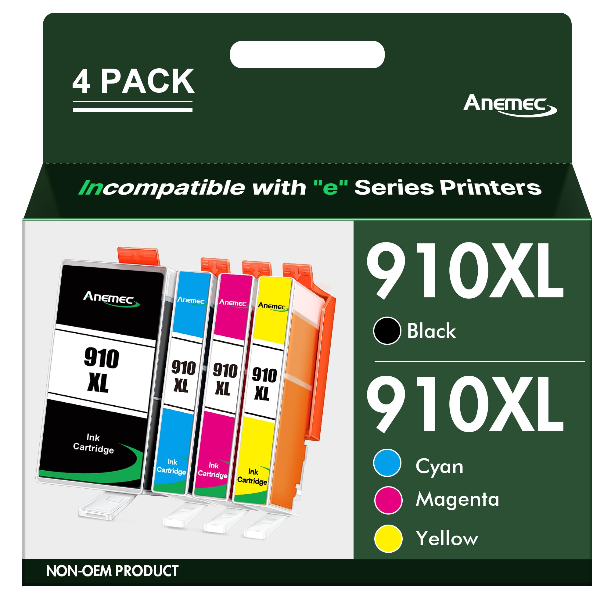 Photo 1 of Anemec 910XL Ink Cartridges Combo Pack Replacement for HP Ink 910 XL Compatible with OfficeJet Pro 8020 8025 8028 8035 8030 8010 8015 8018 8022 Printer, 4 Pack