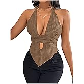 SOLY HUX Women's Deep V Neck Cut Out Halter Top Tie Backless Asymmetrical Hem Summer Tops