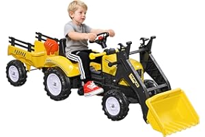 Aosom Ride on Excavator, Pedal Ride on Tractor Toy with Controllable Bucket, Back Trailer, Shovel, Rake, Horn, Pretend Play C