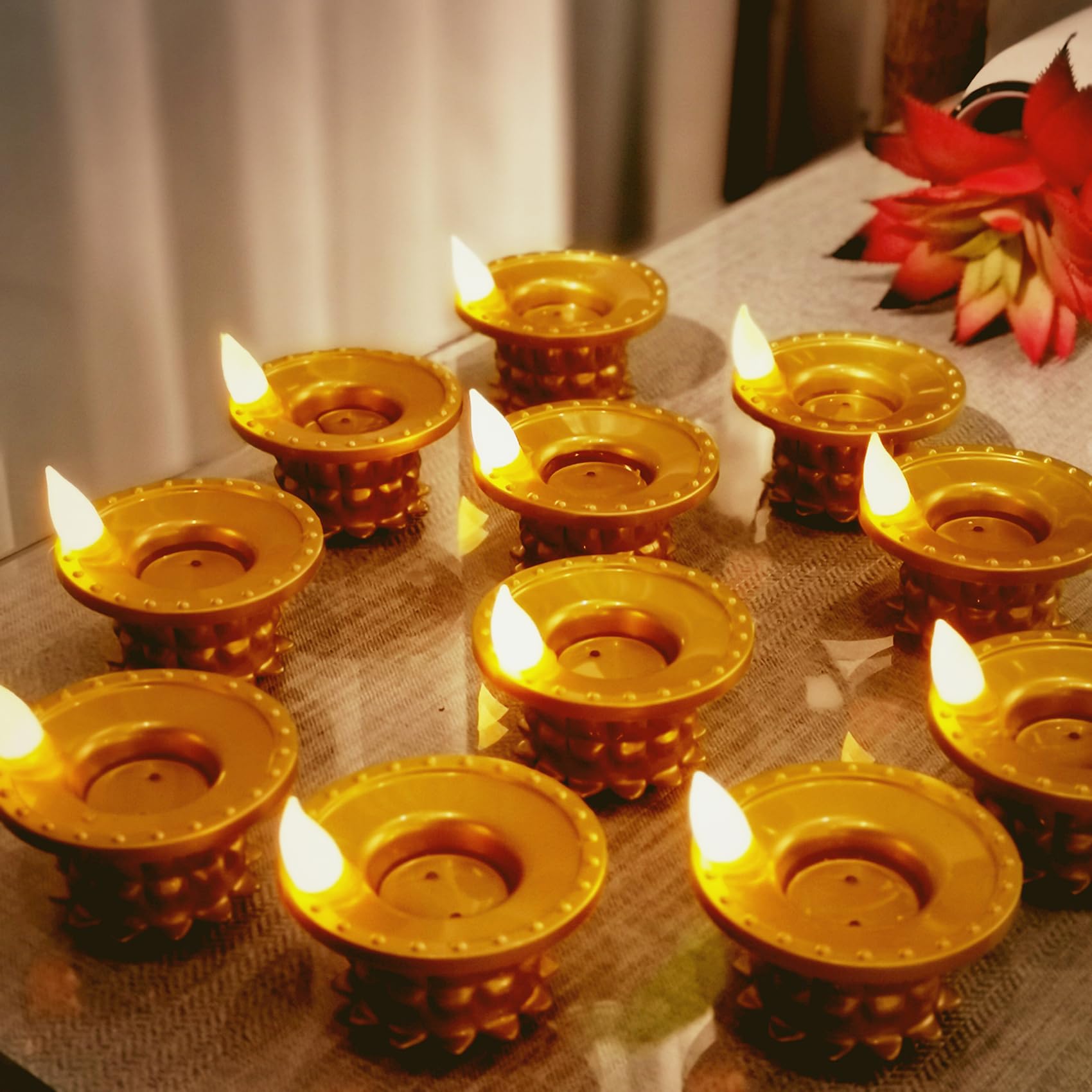 Photo 1 of 12 Pcs Diwali Diyas Lamp Decorations, Diwali Gold Led Water Sense Lights, Waterproof Flameless Lotus Tea Lights,Oil Lamps for Centerpieces Indian Temples Pooja Housewarming Return Gift