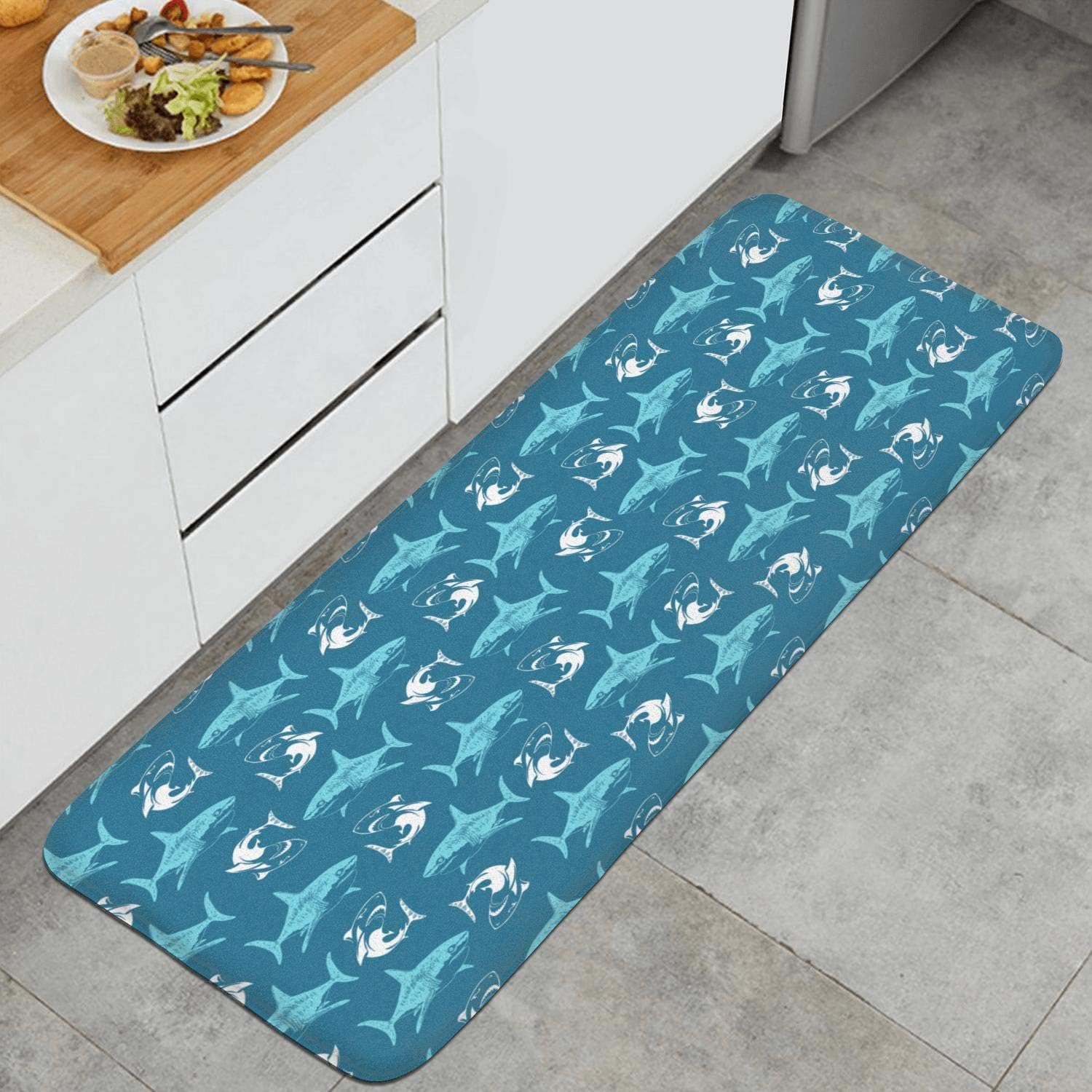 Non-Slip Bedroom Mats 17.7"x47.2" Rectangular Machine-Washable Great White Shark PVC Beautiful Rugs