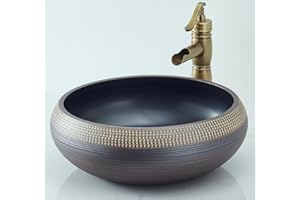 NATURFLAIR Vessel Sink Round 16 Inch Bathroom Sink, Counter Top Black+ Coffee Color Cloakroom Porcelain Ceramic Vessel Vanity Sinks Art Basin for Bathroom, Lavatory, Vanity Cabinet(16 x 6 Inch)