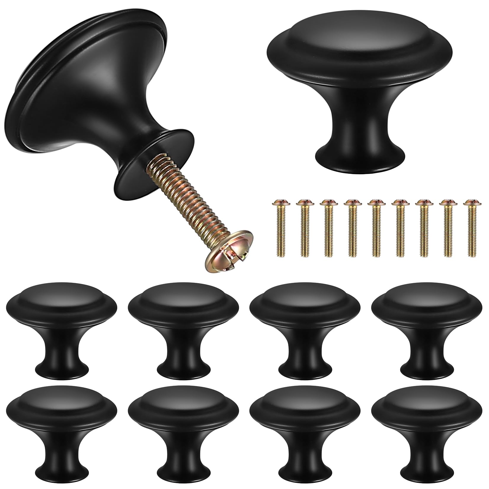 10 Pcs Modern Matte Black Cabinet Cupboard Knobs Round Drawer Handles, Durable Zinc Alloy Wardrobe Door Pulls for Kitchen, Bedroom, Furniture, Wardrobe, Cupboard, Drawers - Easy to Install (27x21mm)