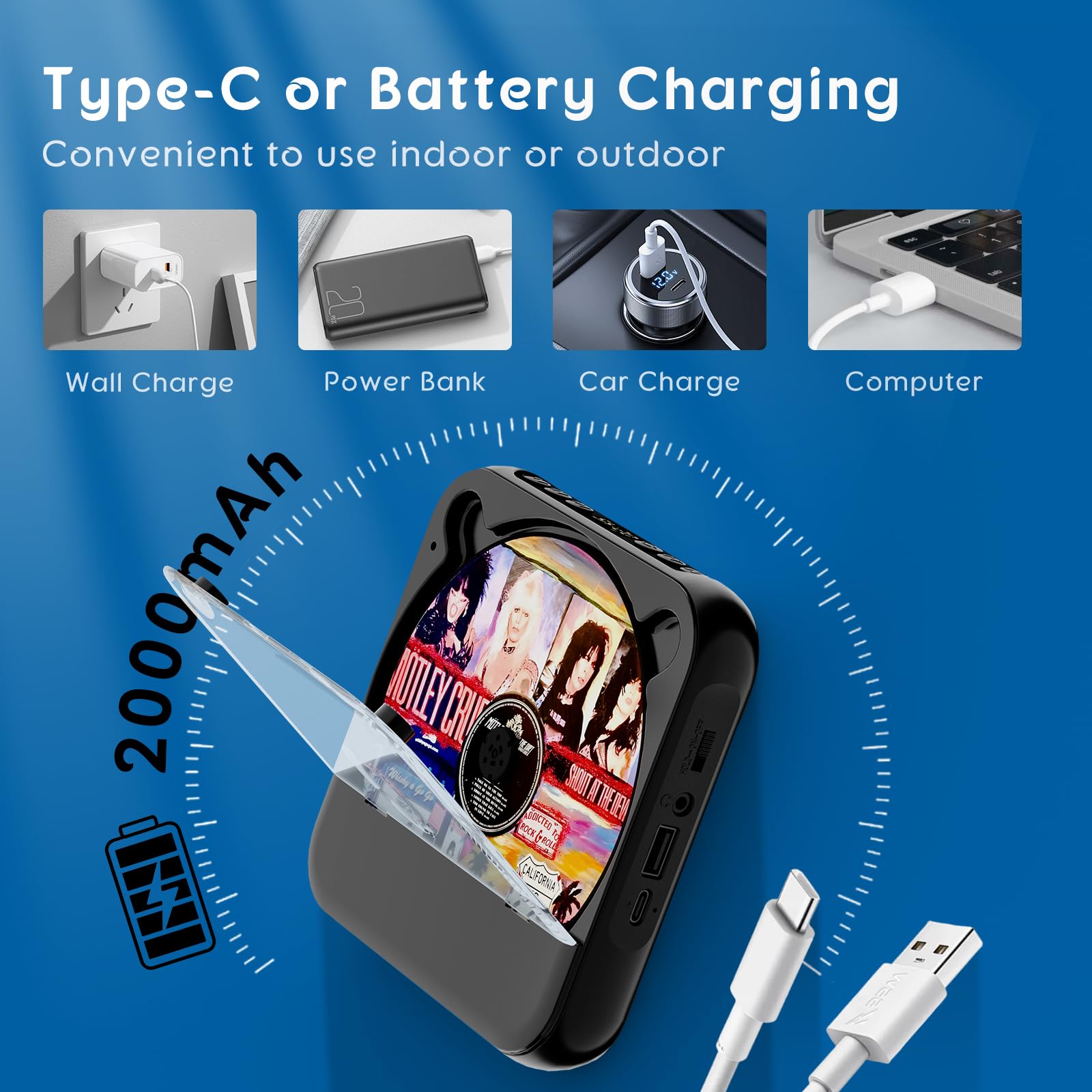 Portable CD Player with Bluetooth 5.3, Rechargeable CD Player for Home/Car, Built-in HiFi Speakers, Headphones, LCD Screen, Supports CD/AUX/USB and Repeat Modes, Black