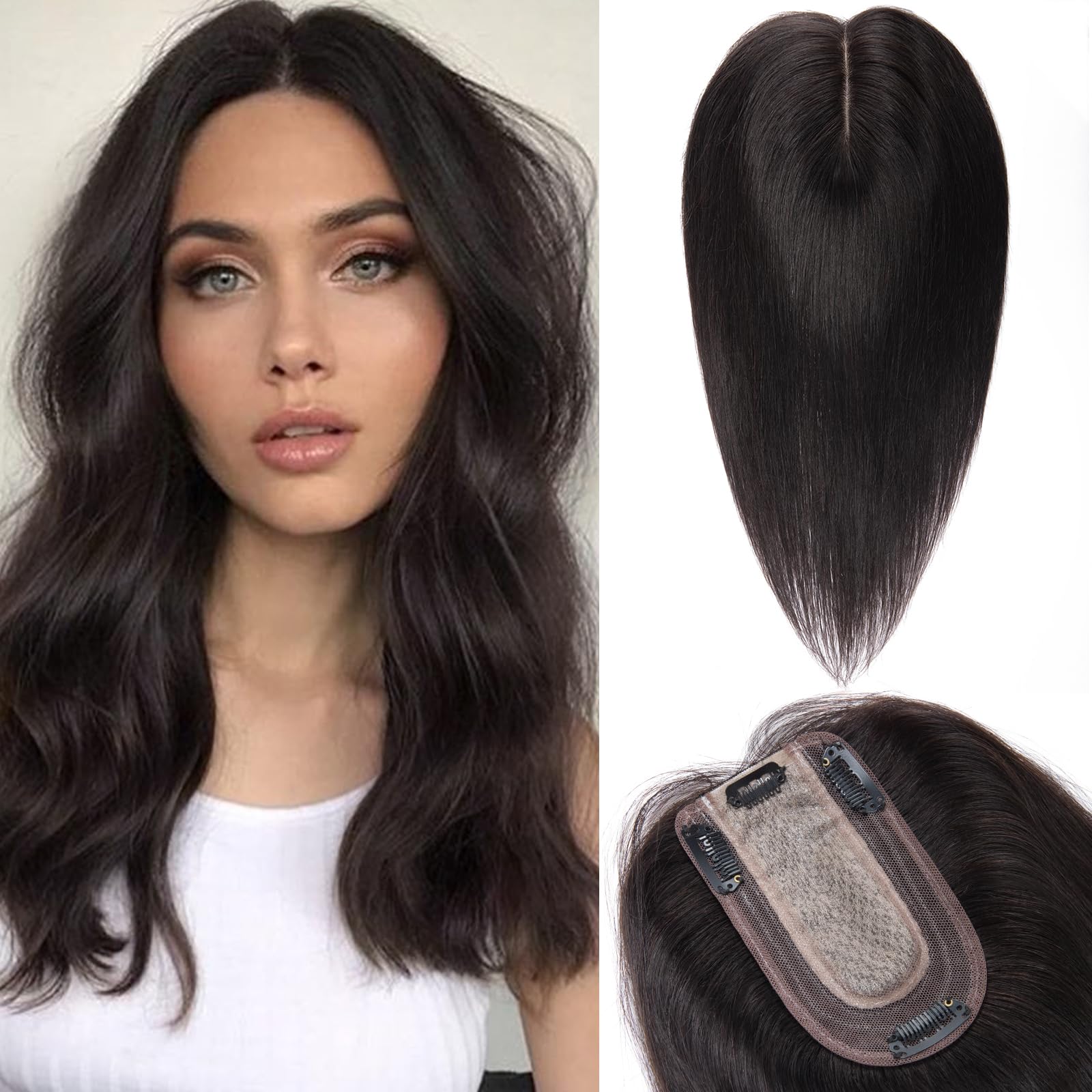 Photo 1 of Benehair Human Hair Toppers for Women 100% Remy Human Hair 150% Density No Bangs Hair Topper 7 * 13 CM Silk Base Clip in Hair Pieces for Women 12 Inch #1B Natural Black