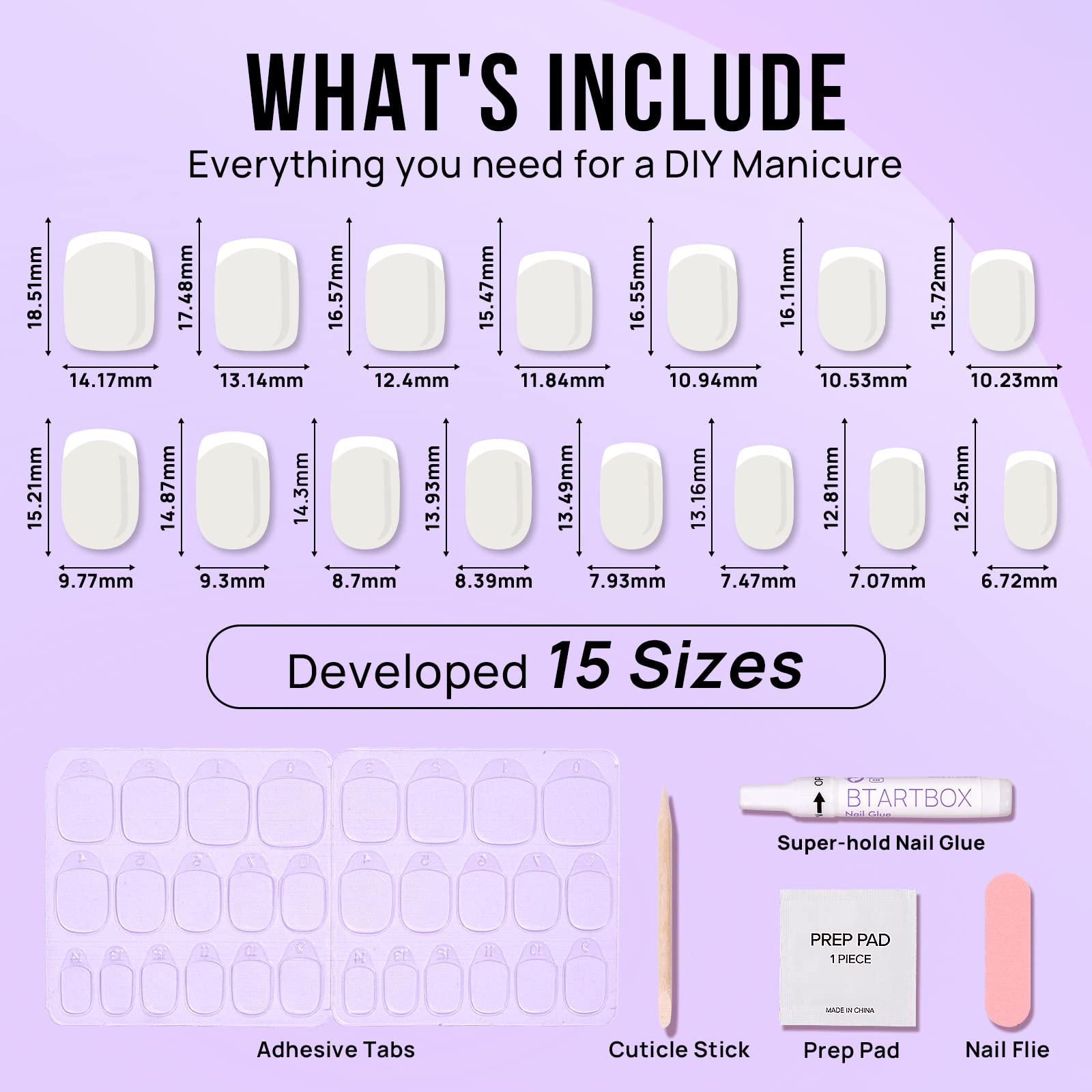 BTArtbox Press On Nails - White French Tip Press on Nails Square, Glue On Nails for Wedding Gift, Supremely Fit & Natural Stick On Nails in 15 Sizes - 30 Fake Nails Kit, Classic French - Image 6