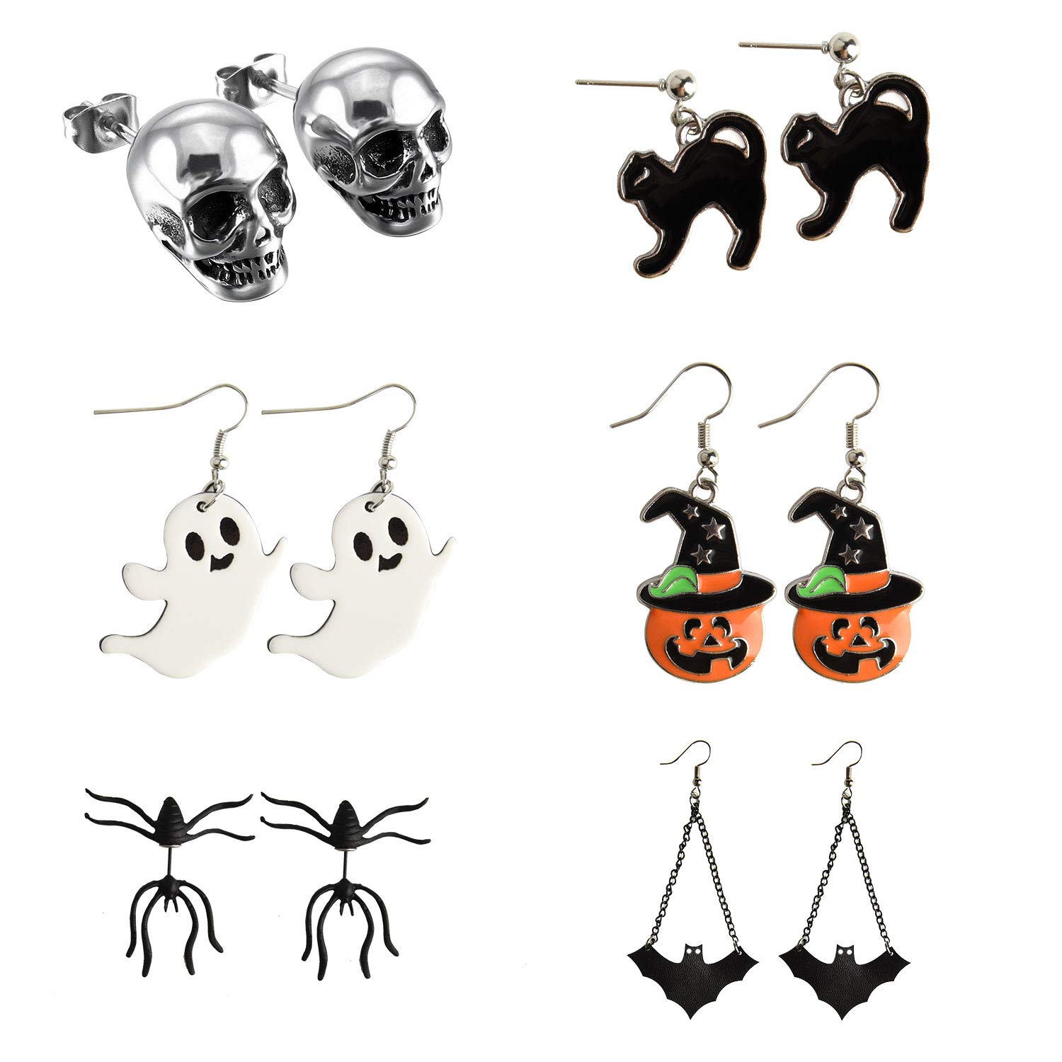 TUPARKA 6 Pairs Halloween Earrings, Pumpkin Skeleton Skull Head Bat Spider Ghost Black Cat Charm Ear Stud Earrings Jewelry Set Halloween Party Decorations