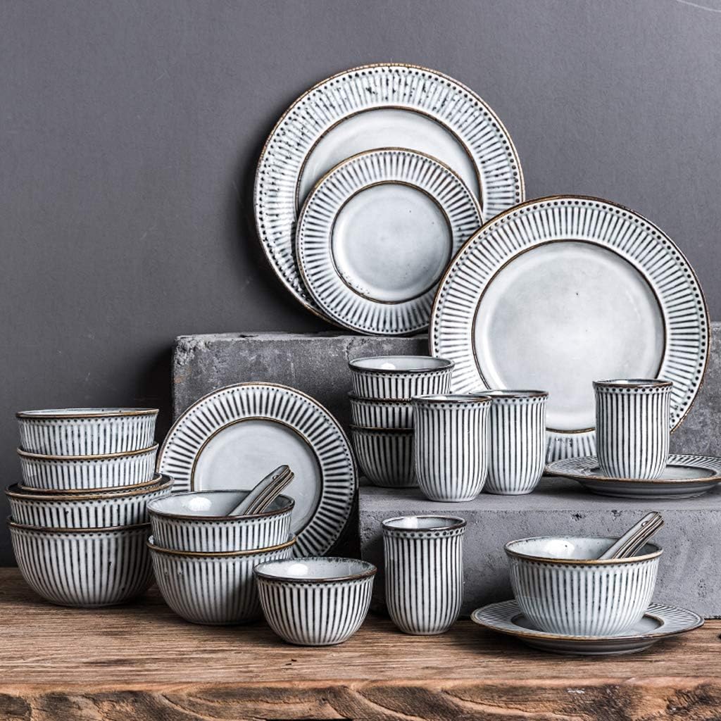 GRR Ceramics Dinner Sets(28 Pieces),Bowl/Dish/Spoon|Vintage Relief Series Dinnerware Set,Nordic Minimalist Style Porcelain Combination Set