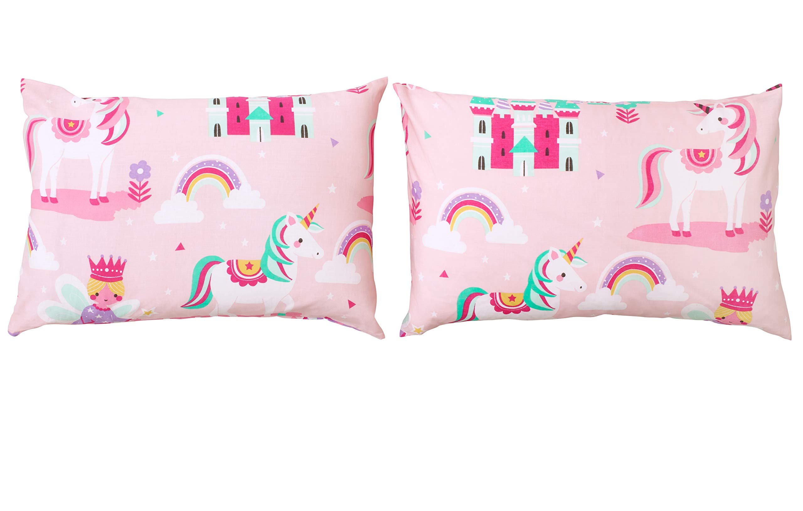 Bloomsbury Mill - Kids Pillow Cases 2 Pack - Unicorn, Rainbow and Princess - Pink Pillow Covers for Girls Duvet Cover Sets or Kids Travel Pillow - Pair of Childrens Pillowcases (Extra) - 50x75cm