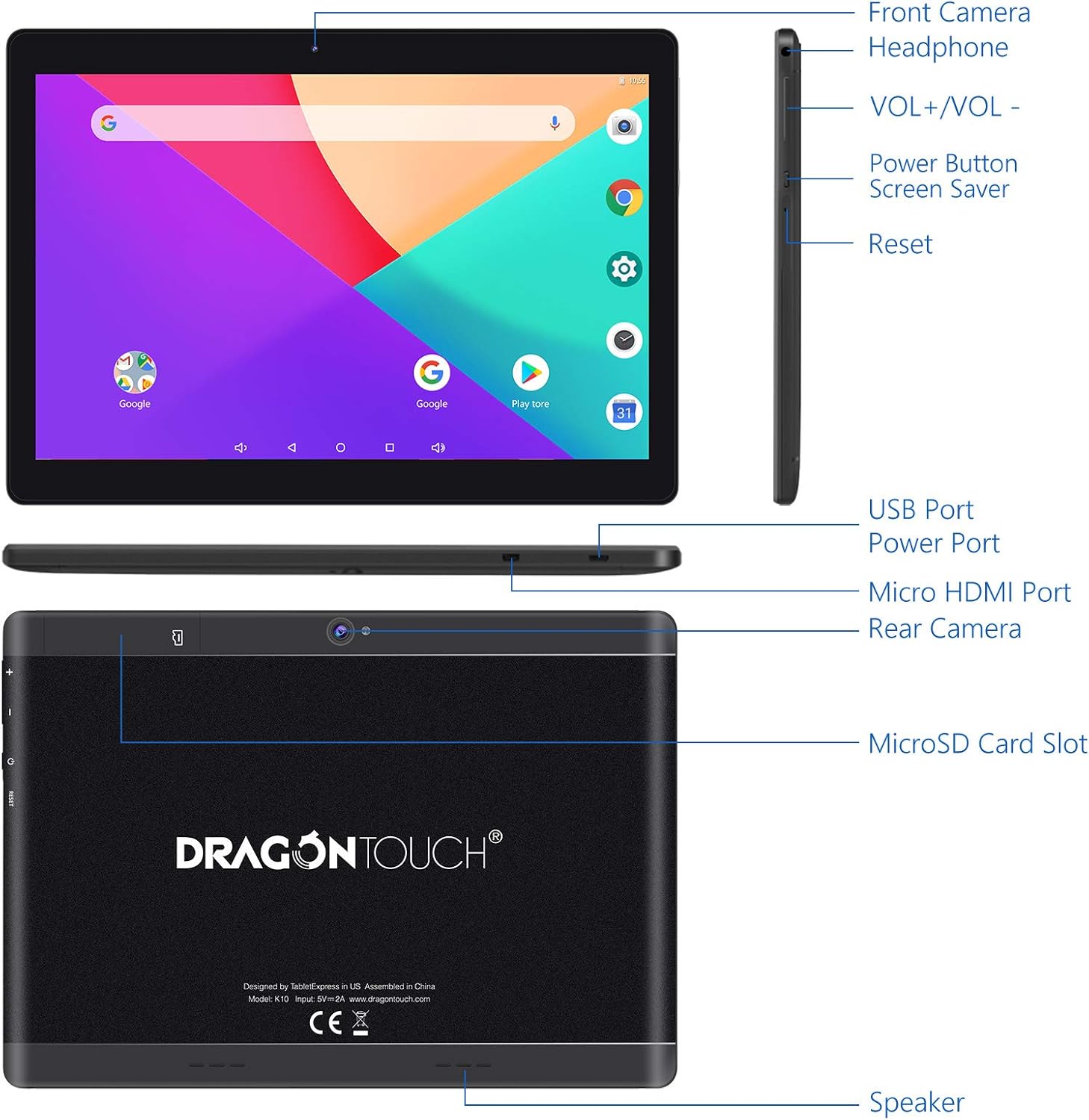 Dragon Touch K10 Tablet, 10 inch Android Tablet with 16 GB Quad Core Processor, 1280x800 IPS HD Display, Micro HDMI, GPS, FM, 5G WiFi, Black Metal Body : Computers & Accessories