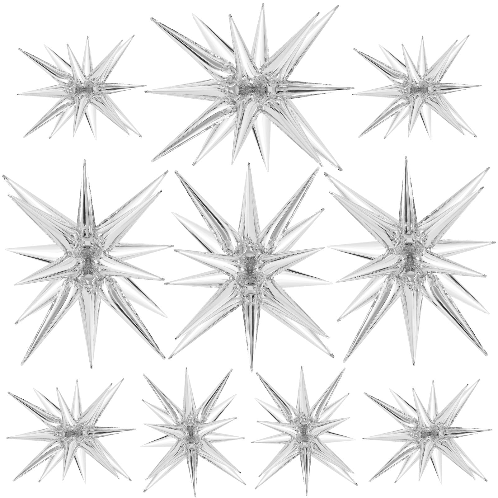 Photo 1 of 10 Pcs Silver Star Balloons Explosion Starburst Balloons Foil Cone Balloon Magic for Birthday Wedding Anniversary Party Backdrops Decorations Supplies, 6 Pcs 22 Inches and 4 Pcs 27 Inches