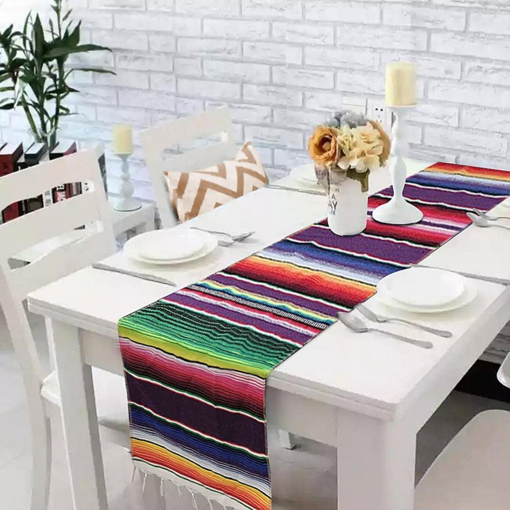 ShineU 84 x 14 inch Mexican Serape Table Runner with Fringed Ends, Vibrant Colors Cotton Woven Table Runner Ideal for Table Cloth Blanket Wall Decoration
