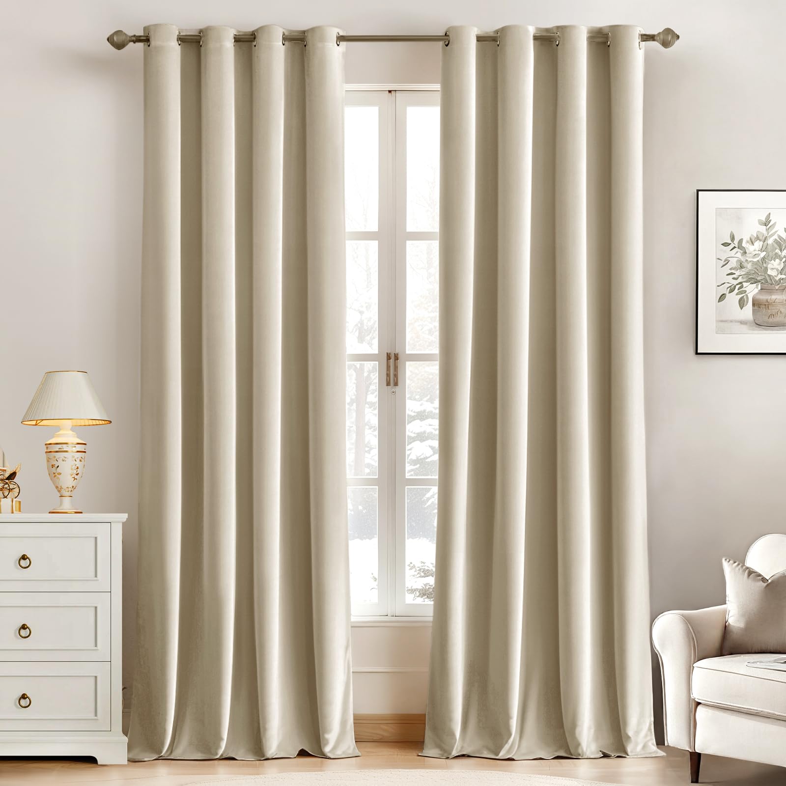MIULEE Light Beige Velvet Curtains for Bedroom 2 Panel Set 90 Inch Drop Curtains, Soft Elegent Home Decor Velvet Curtain Living Room, Sun Blocking Room Darkening Thermal Eyelet Curtain 46x90 Inch