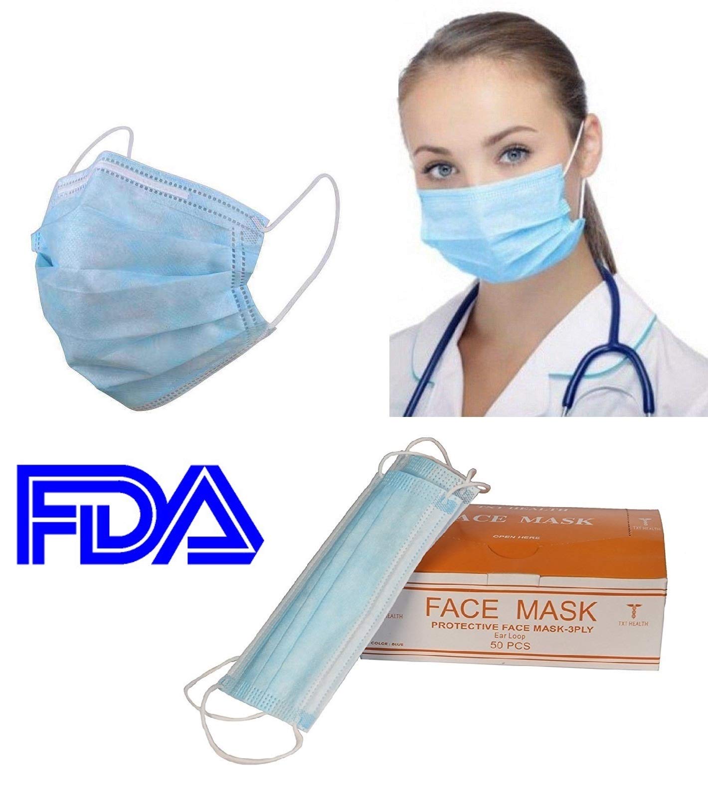 TxT Health Surgical Medical Disposable Blue Face Masks, Dental