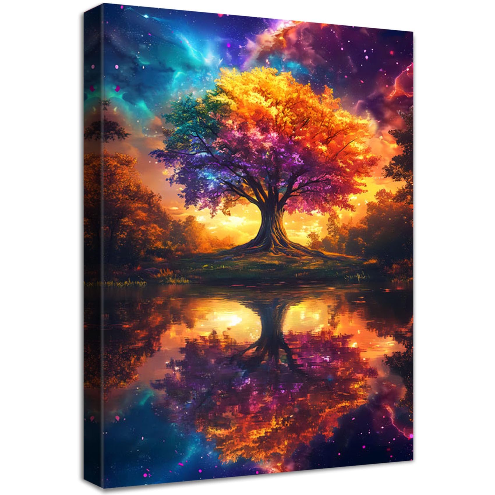 Wooden Framed Canvas Wall Art Colorful Tree Painting on Canvas Prints Poster Cosmic Tree Of Life Astral Sunset Dreamscape Pictures for Living Room Bedroom Dinning Room Corridor Wall Decor 30x40cm