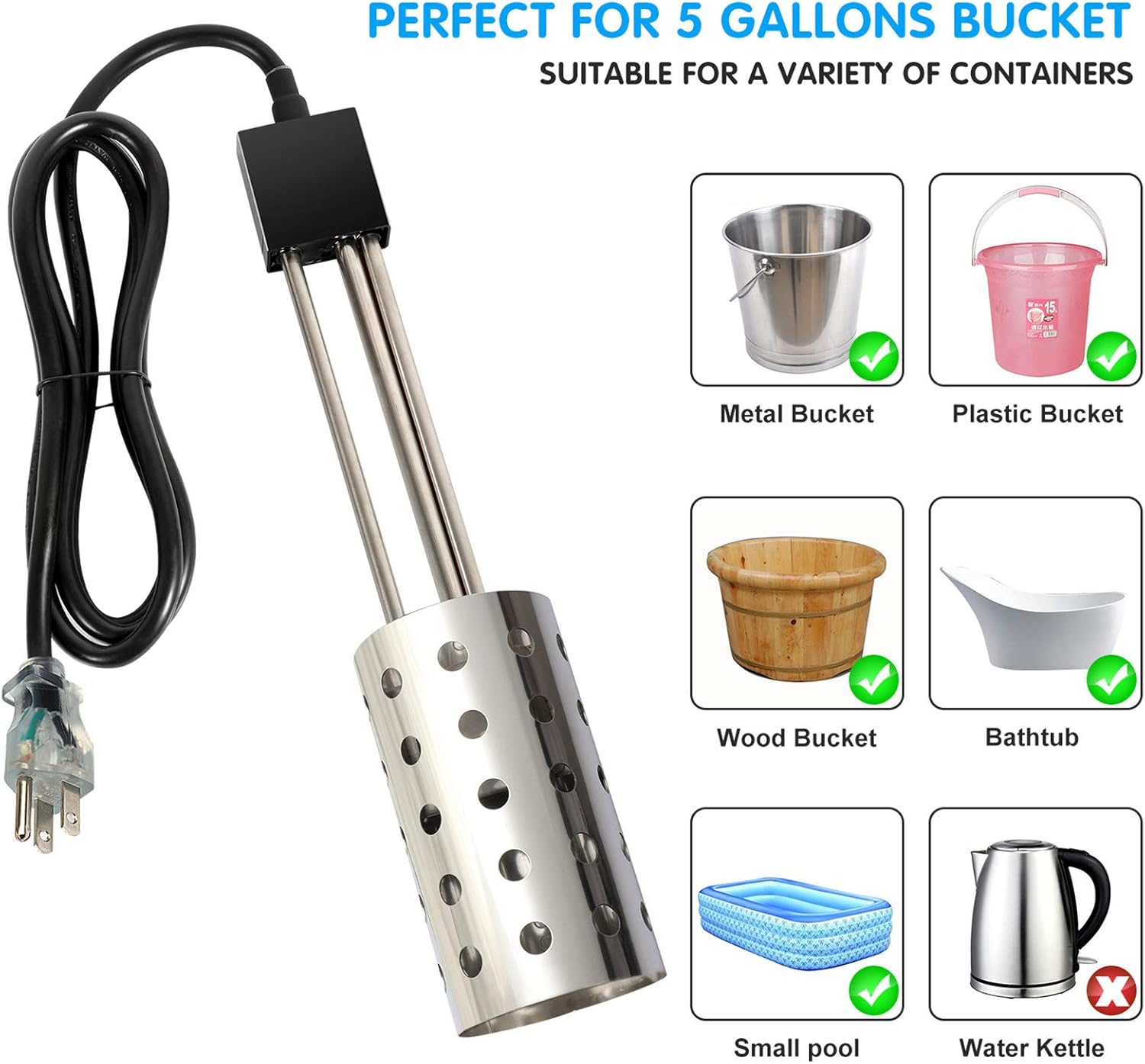 Gesail 1500W Electric Immersion Heater, UL-Listed Bucket Water Heater with 304 Stainless-steel Guard, Submersible Bucket Heater with Thermostat and Auto Shutoff, Heats 5 Gallons Water in Minutes - - 