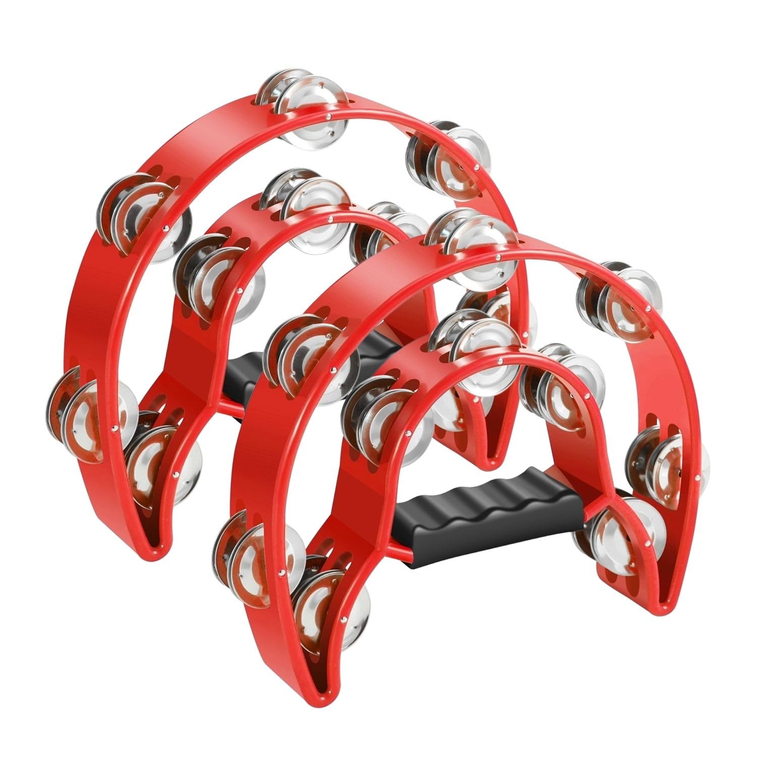 Flexzion Tambourine Metal Half Moon Musical Instruments Double Row Metal Jingles Hand Held Instruments Percussion with Ergonomic Handle Grip, Tambourines for Adults, 2 Packs - Red