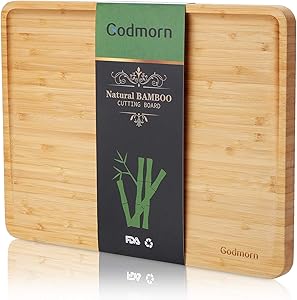 Bamboo Cutting Board for Kitchen with Juice Groove, Godmorn Large Chopping Board for Meat,Vegetable,Cheese, Food, 2021-Updated Slope Design ,15 x 11