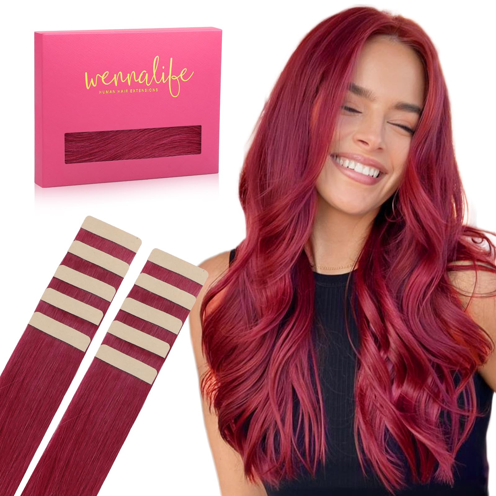 WENNALIFE Tape in Hair Extensions Human Hair, 14inch 10pcs 25 BurgundyRed Real Human Hair Tape Extensions — image 1