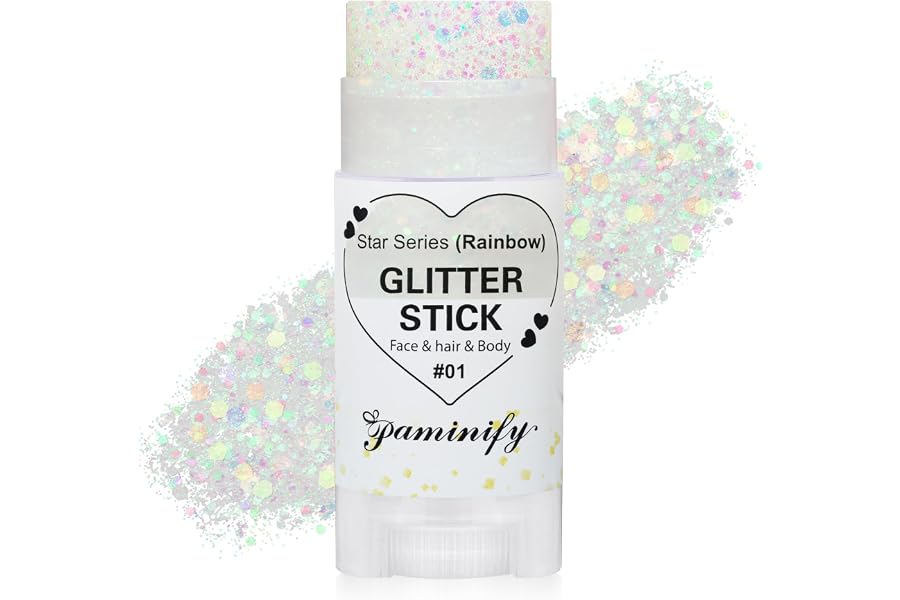 Paminify Rainbow White Hair Glitter Stick for Kids,Halloween Mermaid Costume Body Face Glitter, Singer Concert Cosplay Glitter Makeup,Waterproof Sequins Rave Outfit for Women,Mardi Gras Accessories