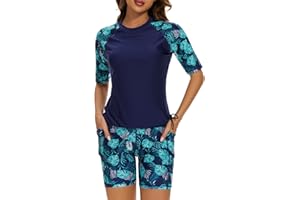 Tournesol Women's Two Piece Rash Guard Short Sleeve Swim Shirts UPF 50+ Built in Bra Swimsuit with Boyshorts with Pockets