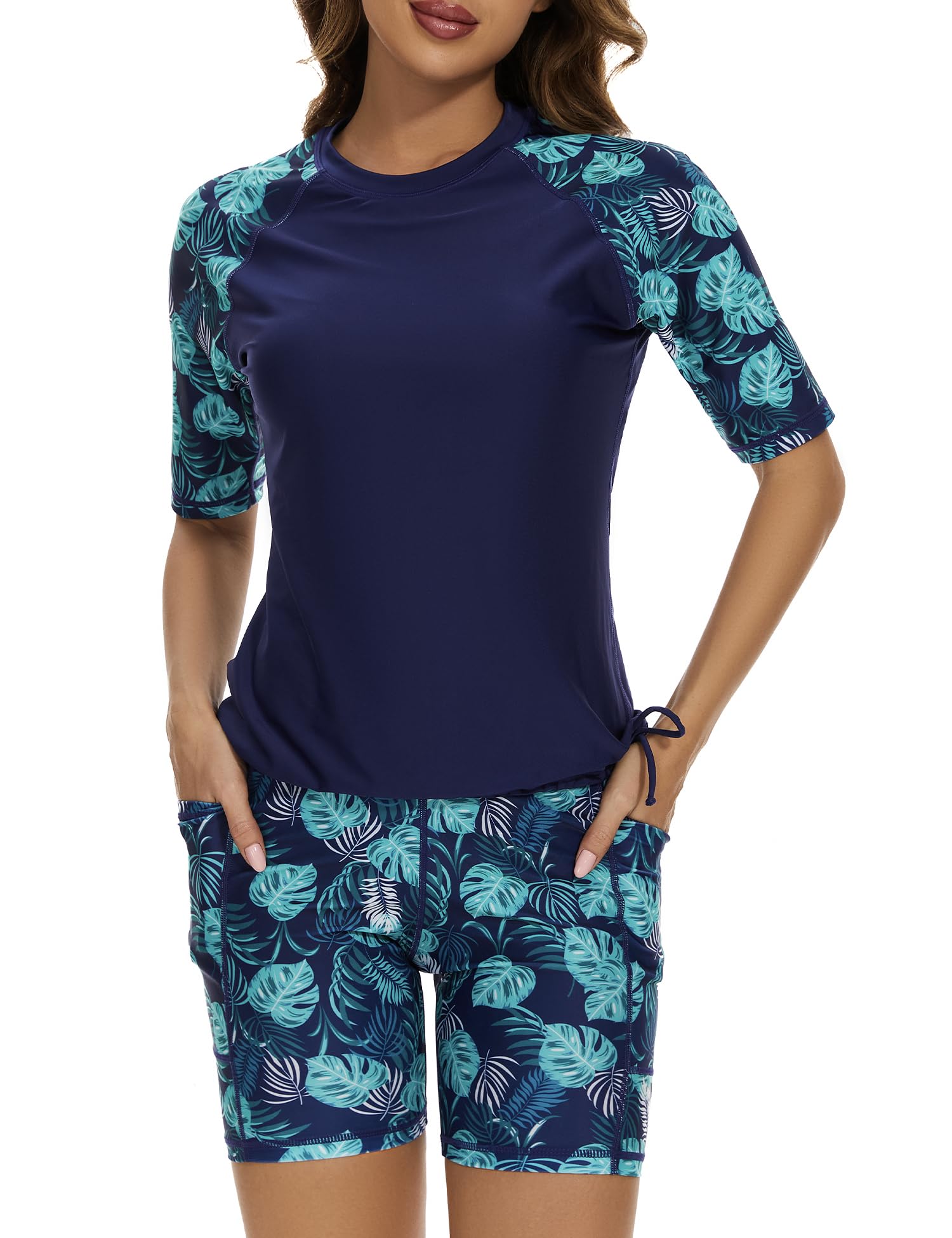 Photo 1 of Tournesol Women's 2 Piece Rash Guard Short Sleeve Swim Shirts UPF 50+ Built-in Bra Swimsuit with Boyshorts with Pockets Large