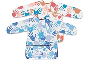 BOUBONI 2 Pcs Kids Art Smock Painting Toddler Smock Long Sleeve with 3 Pockets for Kids Art Painting Activity Kitchen Crafts (Blue, Pink)