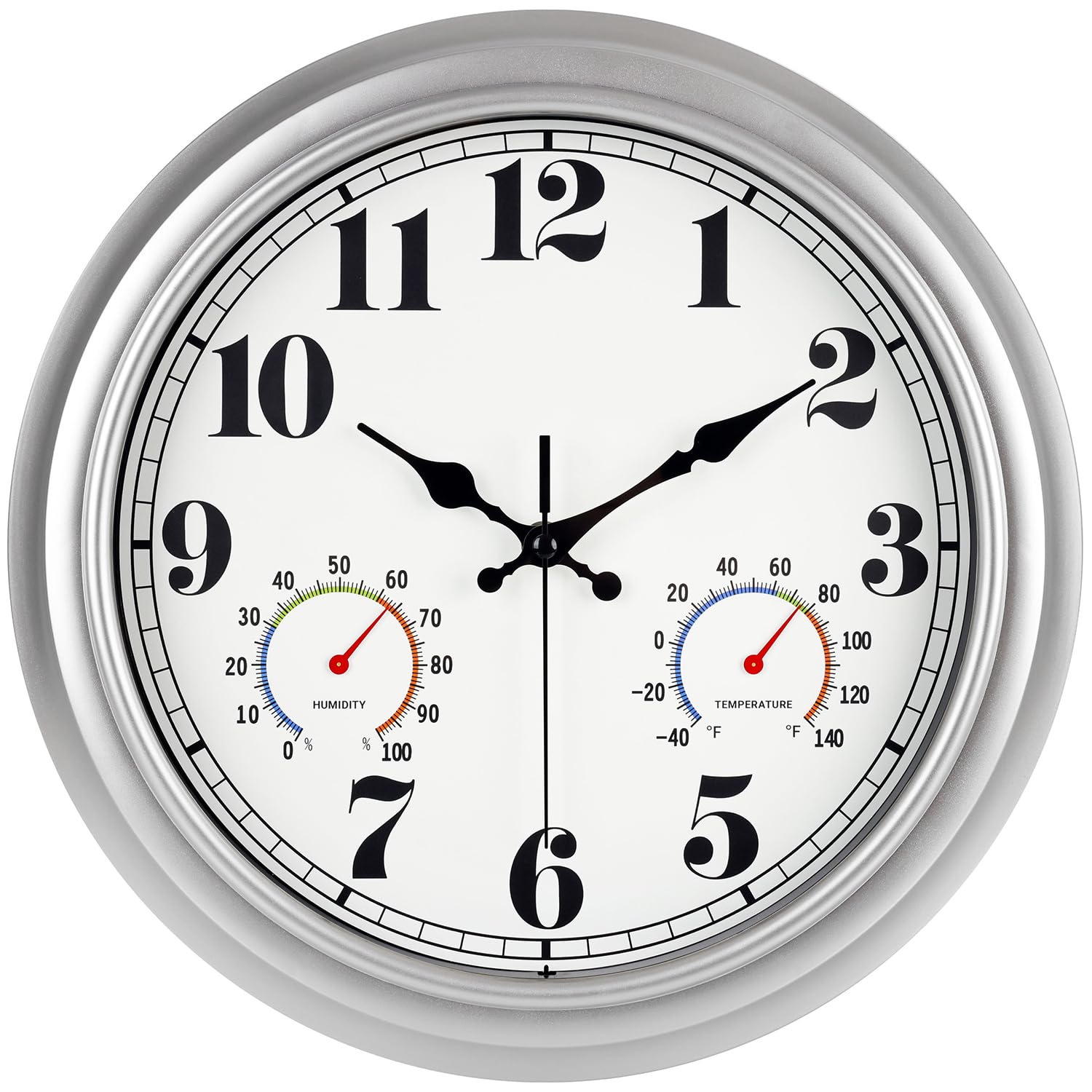 Photo 1 of JENLYSTIME 13 Inch Outdoor Clock, Waterproof and Silent, with Thermometer and Hygrometer, Large Numbers for Easy Reading, Perfect for Home,Office,Bedroom,Kitchen,Porch,Garden,Pool(Silver)
