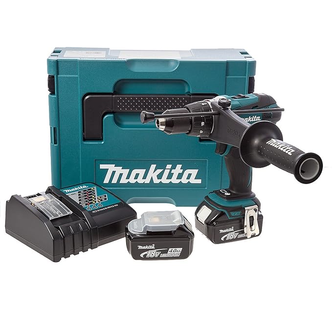 Makita Akku-Schlagbohrschrauber, (18 V im Makpac mit 2 Akkus 4,0 Ah + Ladegerät), DHP458RMJ