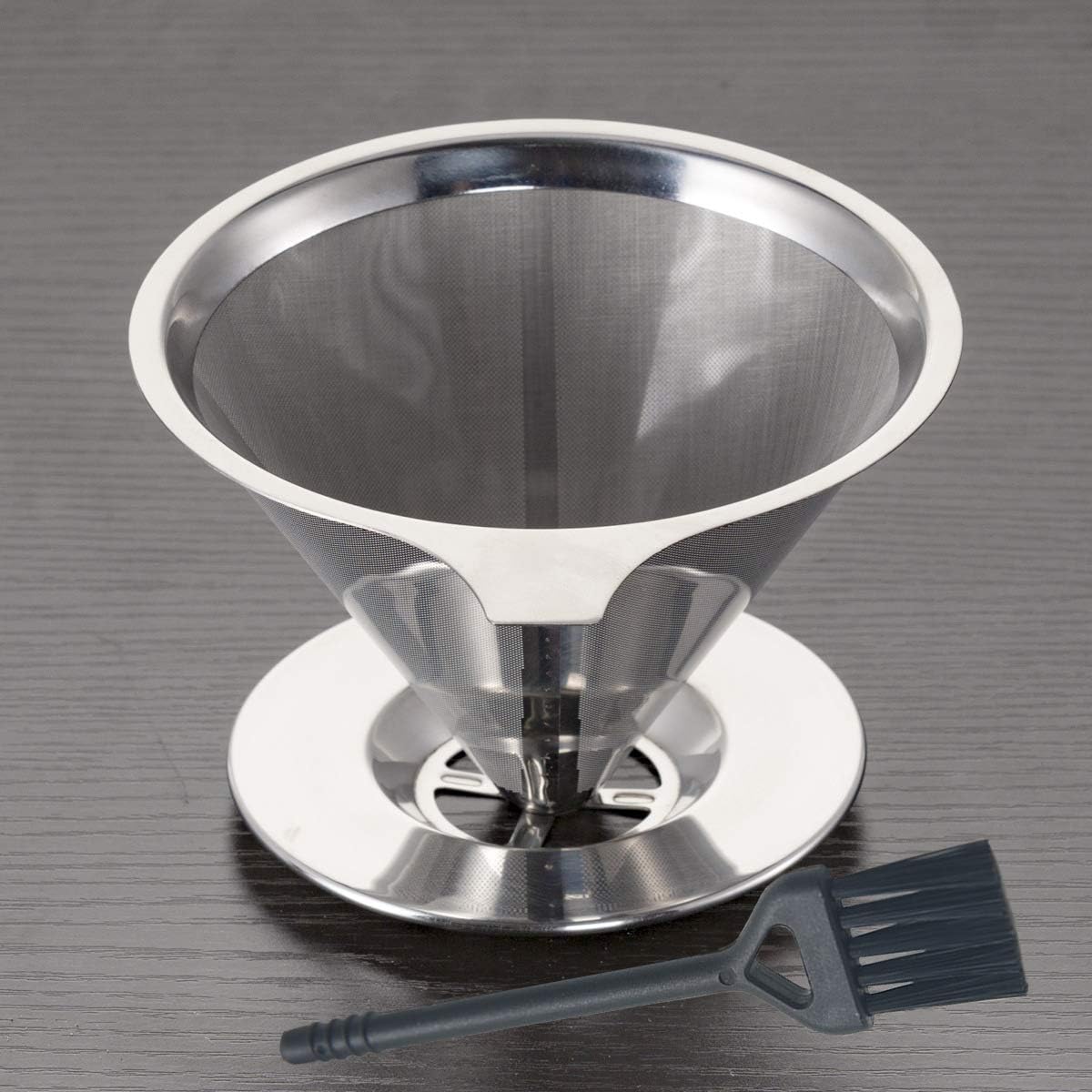 Stainless Steel Coffee Filter, Pour Over Coffee Dripper with Stand, Slow Drip Metal Filter, Paperless, Reusable, Dual Filter Micro-Mesh