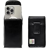 Turtleback Belt Holder for iPhone 16 Pro, 16e, 15 Pro 14 Pro 13 Pro -Small- Fits w/Slim MagSafe Style Cases, Premium Black Leather Vertical Belt Holster Magnetic Closure Leather Wrapped Belt Clip