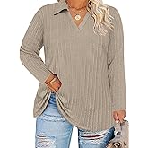 VISLILY Womens-Plus-Size-Tops-2025 Polo V Neck Shirts Lapel Collared Work Blouses Casual Long Sleeve Knit Tunics XL-5XL