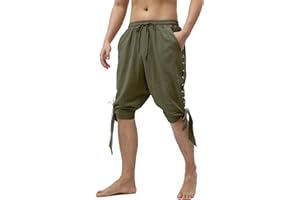 Heyigrow Mens Pirate Shorts Renaissance Viking Costume, Medieval Lace-up Banded Pants Cotton Linen Cosplay Outfitss