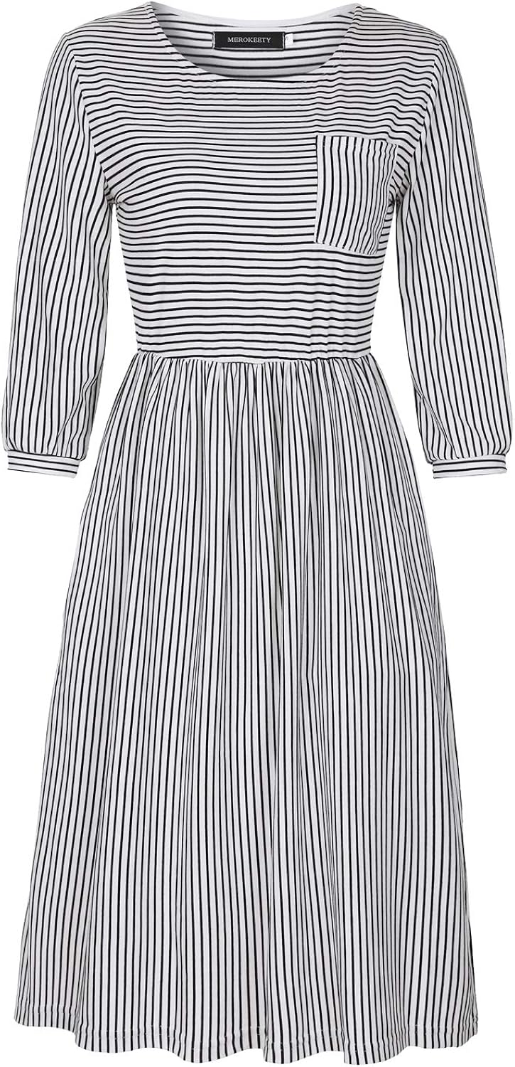 MEROKEETY Women's 3/4 Balloon Sleeve Striped High Waist T Shirt Midi Dress with Pockets at  Women’s Clothing store