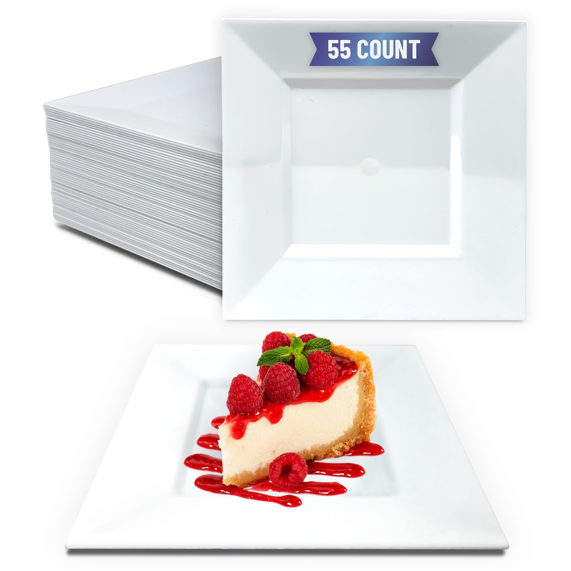 Photo 1 of Reli. 55 Pcs Square Plastic Plates Disposable | 6.5" White Disposable Dessert Plates for Party | Hard Plastic | Fancy for Party, Wedding, Small Appetizer, Salads, Dessert