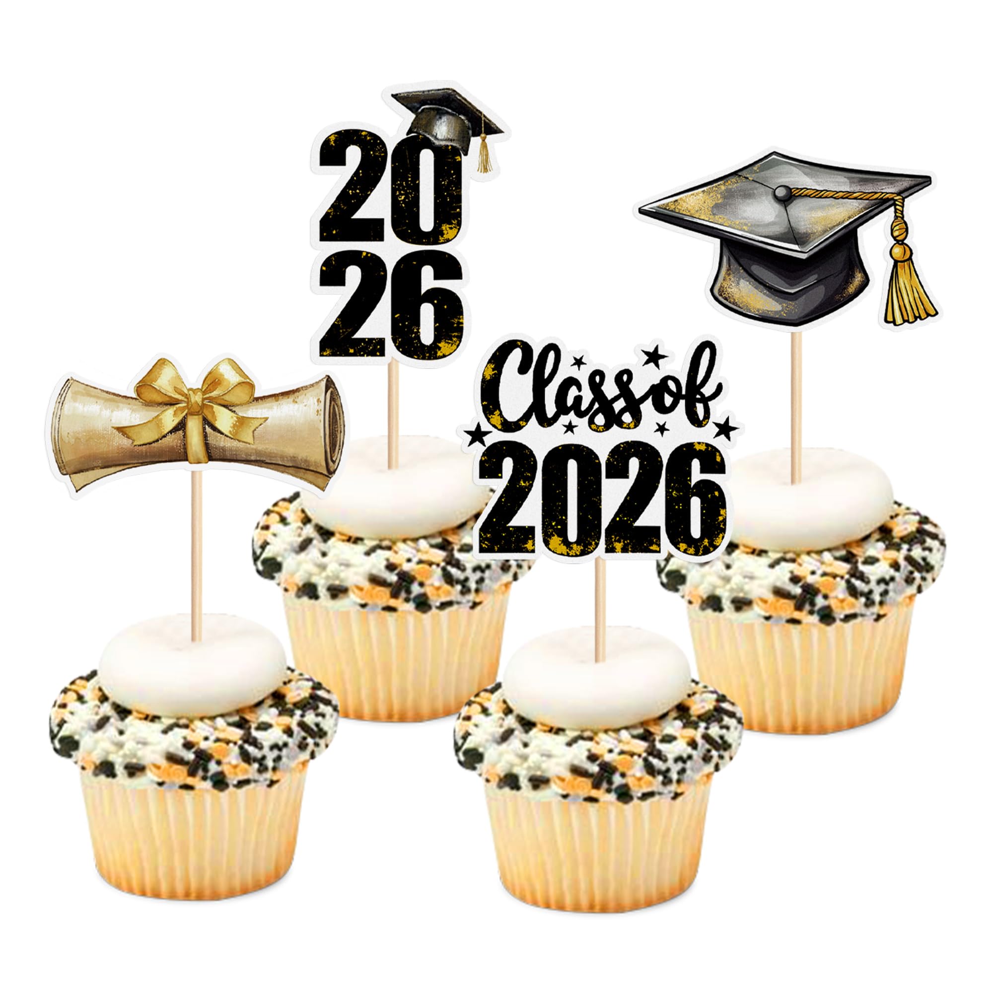 Blumomon 32 Pcs Black Golden Grade 2026 Graduation Cap Diploma Cupcake Topper 2026 Graduation Cupcake Topper Bachelor Graduation Congratulation Party Decoration