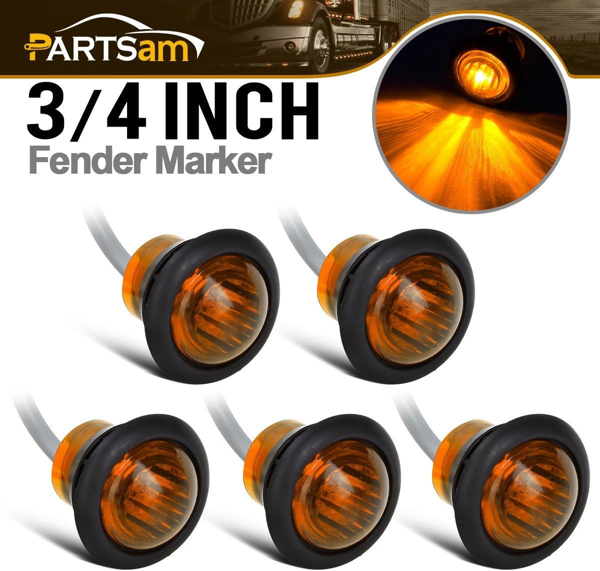 Partsam 5pcs Led 3/4" Round Clearance, Side Marker, Rv Trailer Light Amber Lens