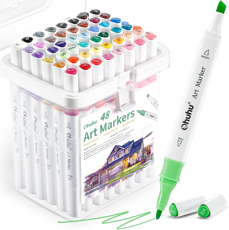 Ohuhu 48 Color Alcohol Markers Double-Tipped Chisel & Bullet Set