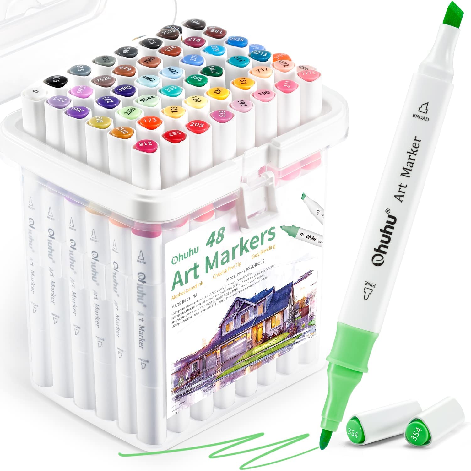 Ohuhu Alcohol Markers, 48 Colouring Pens Art Pens Markers Set for Architectural Design Double Tipped Chisel & Bullet Alcohol-Based Art Marker for Artists Drawing Sketching Anime and Manga