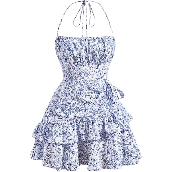Vestdo De Vuelo Con Estampado Floral, Cuello Halter Con Borde Con