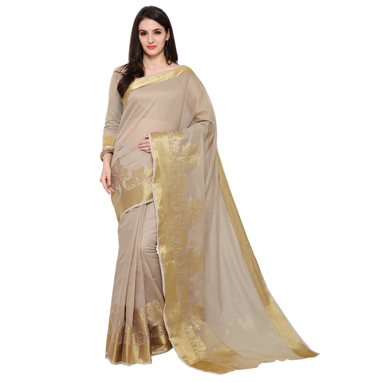 women's poly cotton traditional saree unstitched blouse design (kanjivaram gaj chikku_beige)