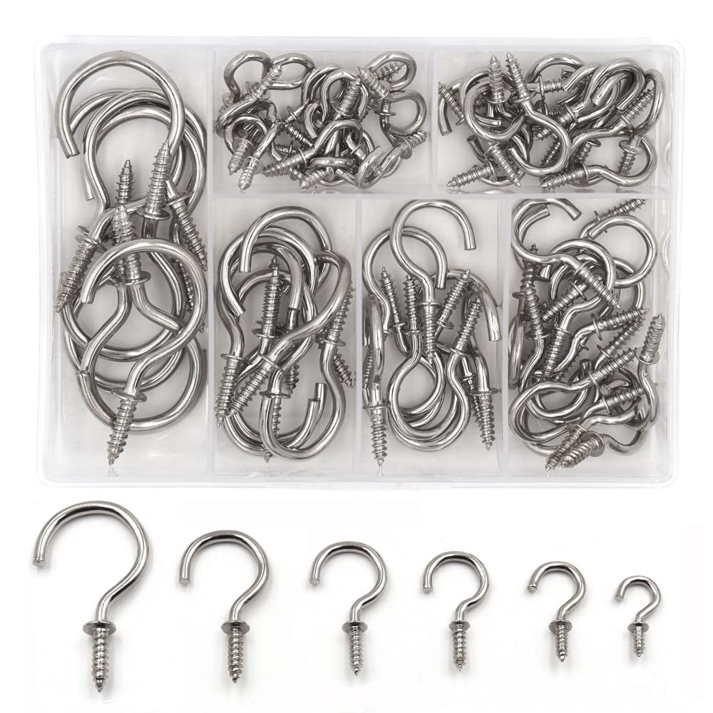 Yuknees Screw Hooks, 75Pcs Cup Hook 6 Sizes Nickel Plated Metal Hooks,Silver Hooks for Hanging Mug Cup Ceiling Hooks Hooks Kit for Kitchen Garden