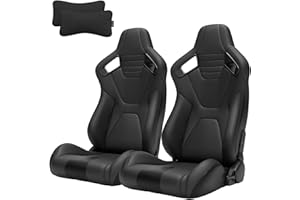 VROOMAUTO Pair of Universal Racing Seats, PVC Leather, Racing Bucket Seats with Dual Sliders, 2 Neck Pillows, Reclinable for Driver and Passenger Side (VR015)