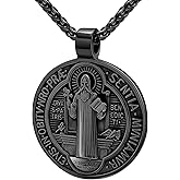 St Benedict Necklace for Men Women, 18K Gold Plated/Black Metal/Stainless Steel Saint Benedict Medal Cross Pendant Religious Catholic Amulet with Gift Box, Diameter 2/3/4CM Option