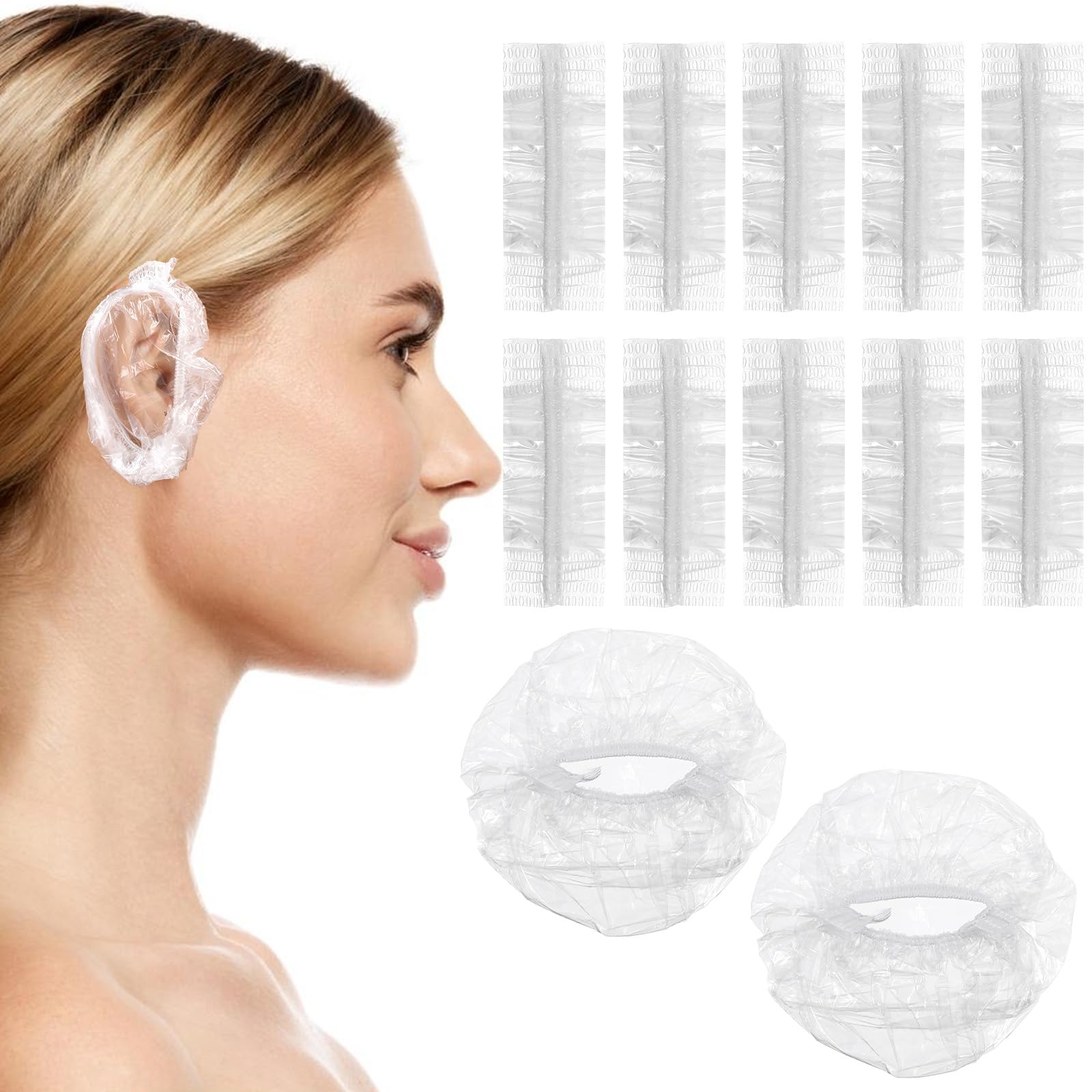 Photo 1 of 100 Pcs Disposable Ear Covers for Shower, Clear Waterproof Ear Covers for Bathing, Waterproof Plastic Ears Shower Caps for Hair Dye Spa Salon Beauty Treatments