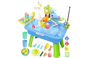 Upgraded Water Table for Toddlers with Electric Water Pump,Mini Play Sink with Detachable Legs, Fishing Game, Kids Kitchen Pl